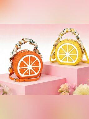 P1–Citrus Round Handbag LEMON YELLOW TANGERINE ORANGE WITH MATCHING EARRINGS